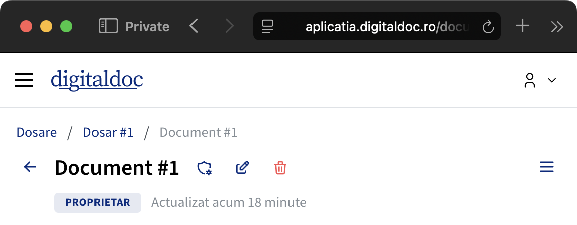 Captură din aplicația Digitaldoc: vizualizare document, foldere și acțiuni de editare